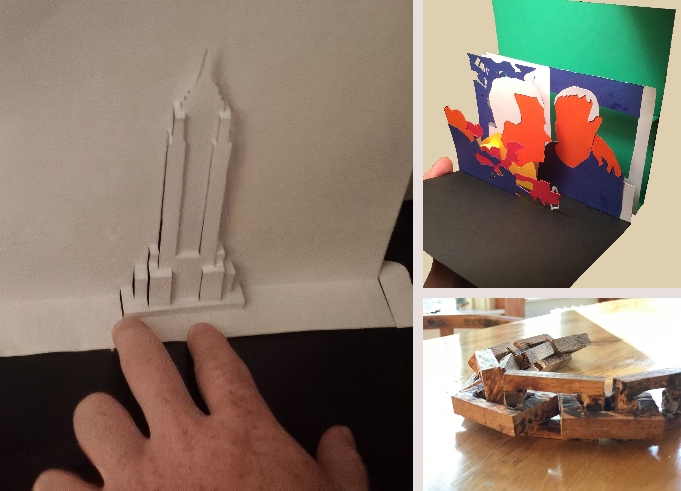 There are three photos. On the left, a sawdust-covered hand next to a wood carving of a blocky chain. On the top right, a kirigami Empire State building. On the bottom right, a pop up card consisting of many layers of colored paper, representing a couple sitting with each other.