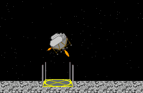 A video game screen with a spaceship landing on the moon. It is firing thrusters and careening toward a landing pad.