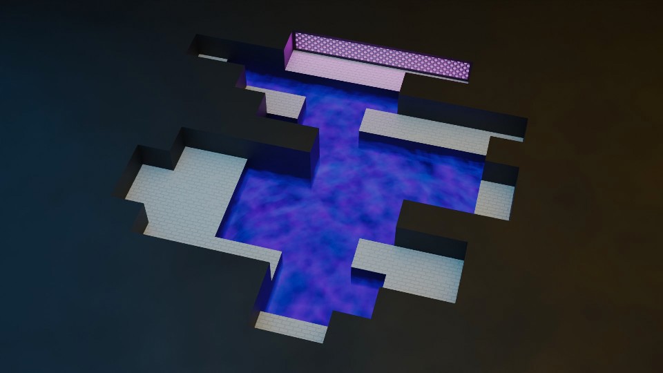 The background from the home page. It is a neon-lit scene, with blocky surfaces and a swirling pool of fog in the center.
